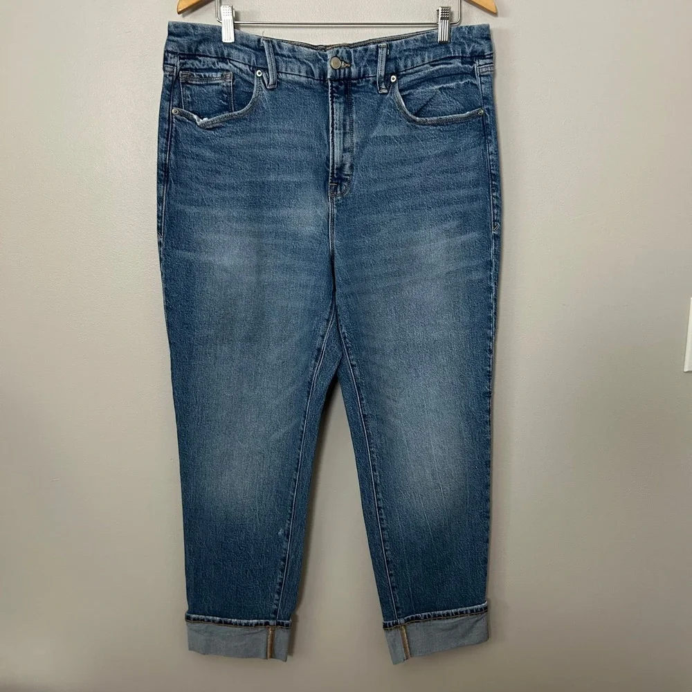 Good American Jeans Women 14 The Weekender Cuffed Blue High Rise Straight Leg